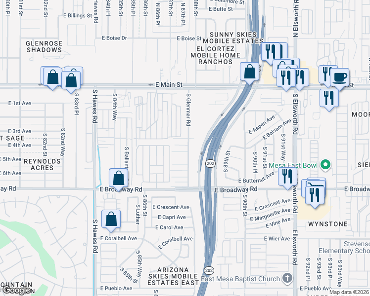 map of restaurants, bars, coffee shops, grocery stores, and more near 211 South Glenmar Road in Mesa