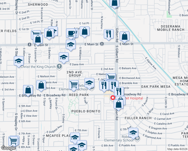map of restaurants, bars, coffee shops, grocery stores, and more near 1814 East Nielson Avenue in Mesa