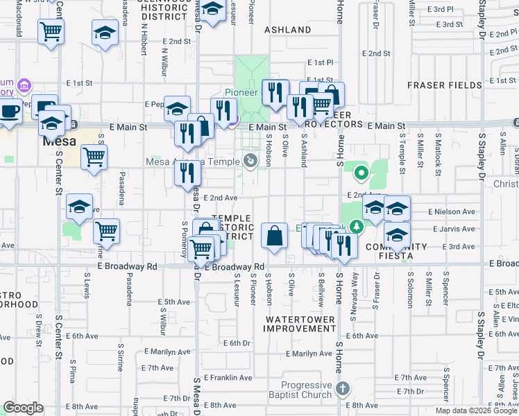 map of restaurants, bars, coffee shops, grocery stores, and more near 543 East 2nd Avenue in Mesa