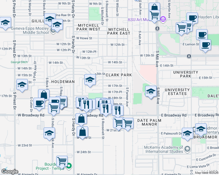 map of restaurants, bars, coffee shops, grocery stores, and more near 533 West 17th Street in Tempe