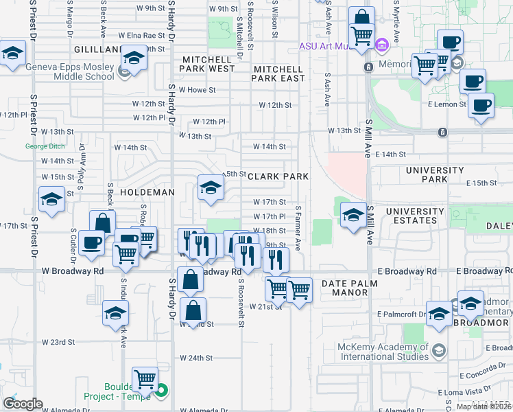 map of restaurants, bars, coffee shops, grocery stores, and more near 533 West 17th Street in Tempe