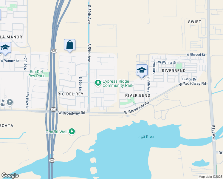 map of restaurants, bars, coffee shops, grocery stores, and more near South 57th Avenue in Phoenix