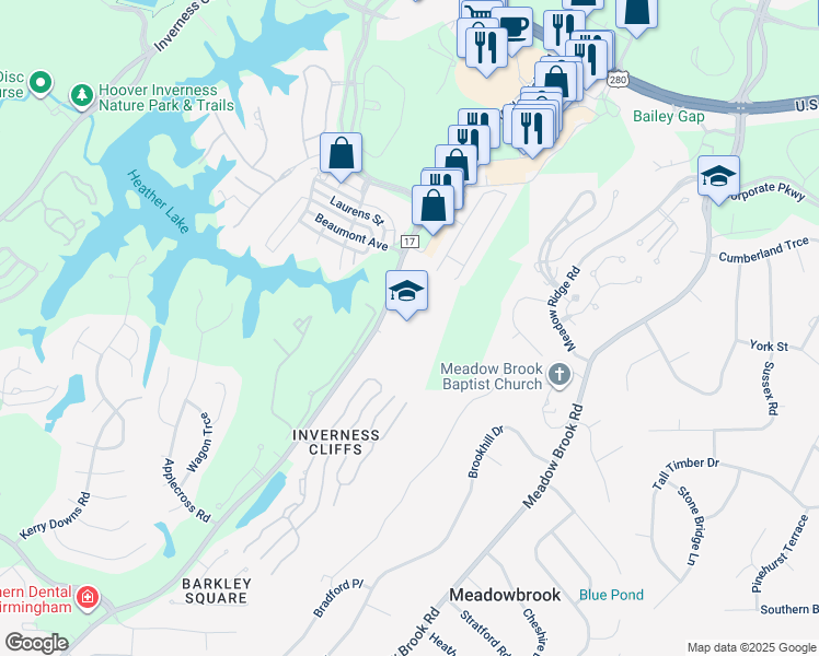 map of restaurants, bars, coffee shops, grocery stores, and more near 5251 Valleydale Road in Birmingham
