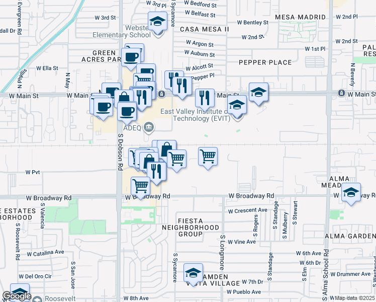 map of restaurants, bars, coffee shops, grocery stores, and more near 1716 West Broadway Road in Mesa