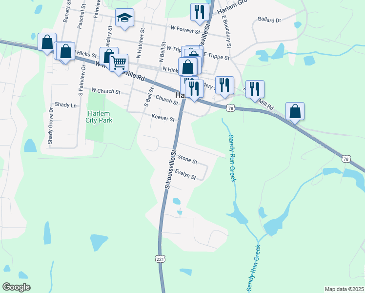map of restaurants, bars, coffee shops, grocery stores, and more near 119 Village Run in Harlem
