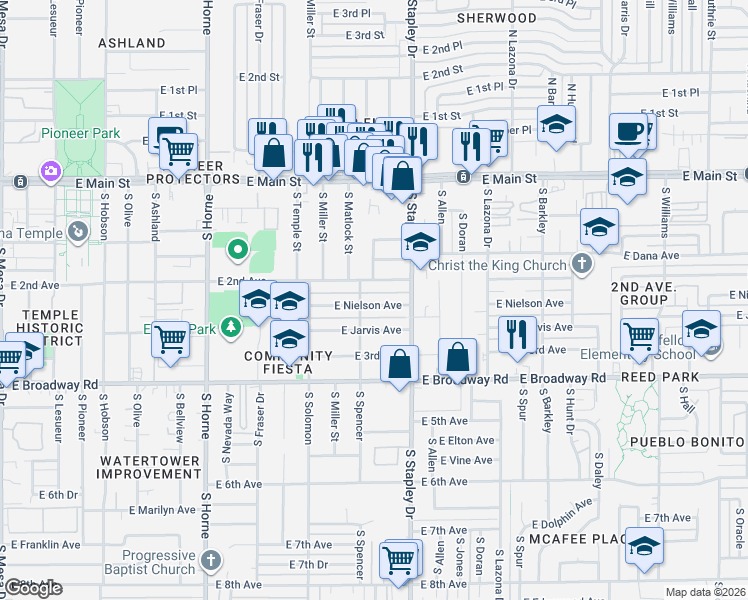 map of restaurants, bars, coffee shops, grocery stores, and more near 1114 East Nielson Avenue in Mesa
