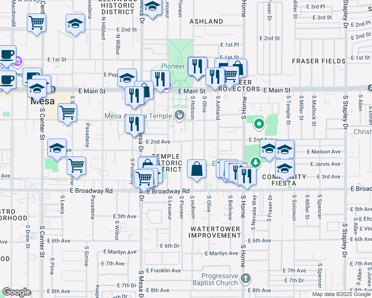 map of restaurants, bars, coffee shops, grocery stores, and more near 543 East 2nd Avenue in Mesa