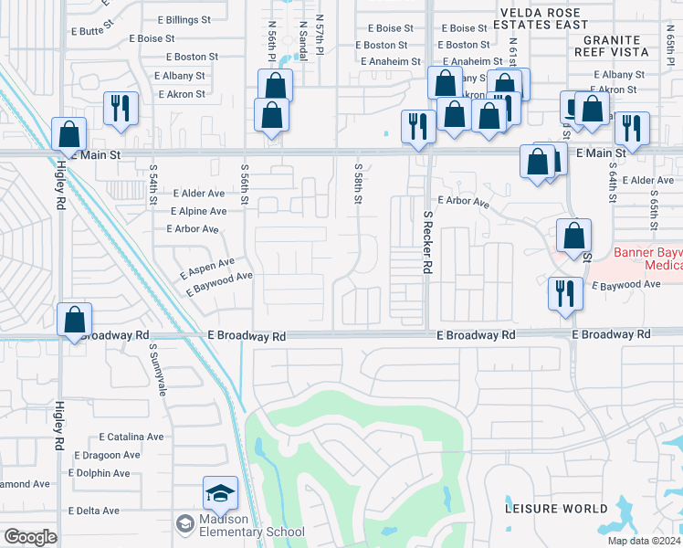 map of restaurants, bars, coffee shops, grocery stores, and more near 348 South 58th Street in Mesa
