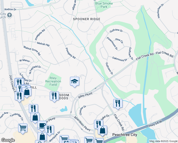 map of restaurants, bars, coffee shops, grocery stores, and more near 98 Pinegate Road in Peachtree City