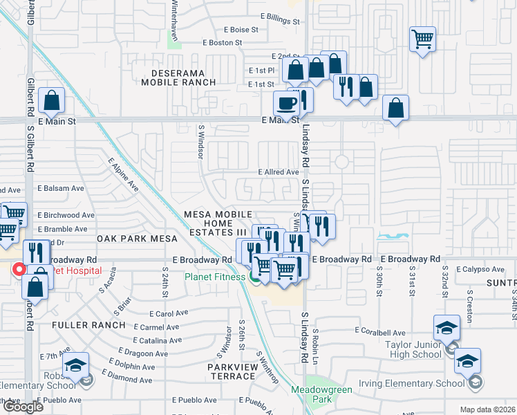 map of restaurants, bars, coffee shops, grocery stores, and more near 2644 East Birchwood Avenue in Mesa