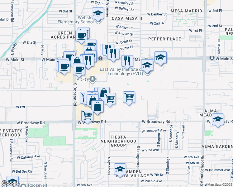 map of restaurants, bars, coffee shops, grocery stores, and more near 1716 W Broadway Rd in Mesa