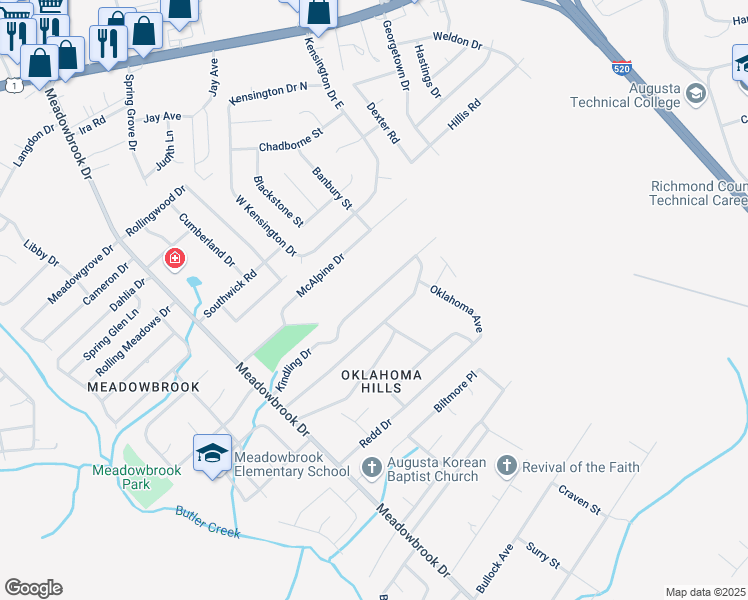 map of restaurants, bars, coffee shops, grocery stores, and more near 3534 Kindling Drive in Augusta