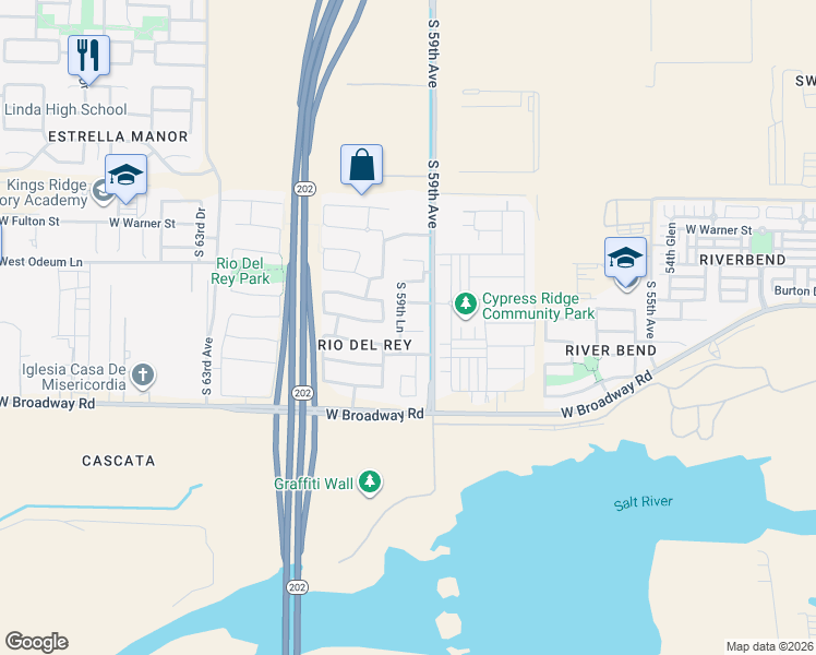 map of restaurants, bars, coffee shops, grocery stores, and more near 4027 South 59th Lane in Phoenix