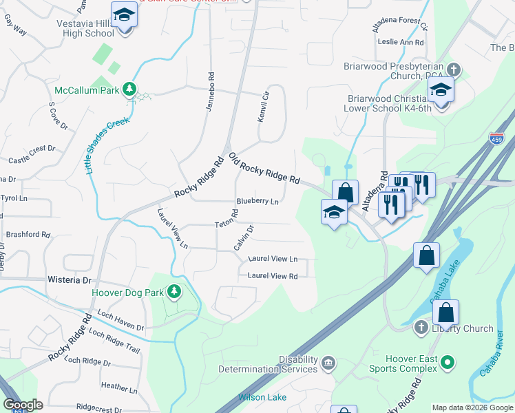 map of restaurants, bars, coffee shops, grocery stores, and more near 3440 Blueberry Lane in Birmingham