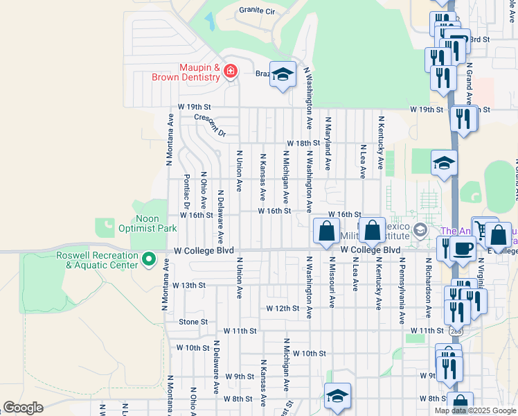 map of restaurants, bars, coffee shops, grocery stores, and more near 1600 North Kansas Avenue in Roswell