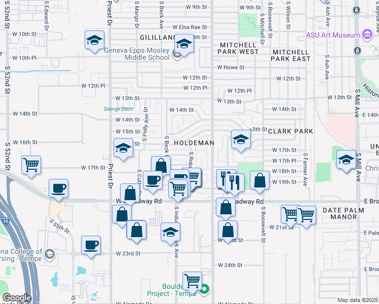 map of restaurants, bars, coffee shops, grocery stores, and more near 1002 West 17th Street in Tempe