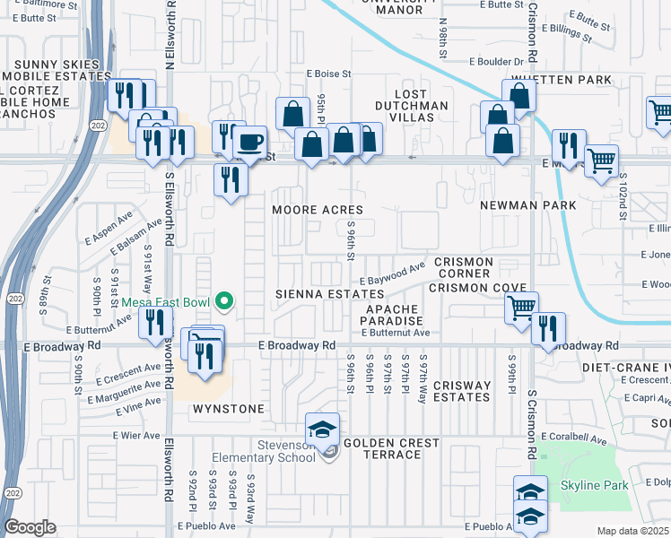 map of restaurants, bars, coffee shops, grocery stores, and more near 237 South Travis in Mesa