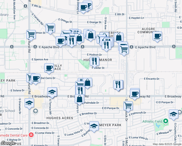 map of restaurants, bars, coffee shops, grocery stores, and more near 1443 East Cedar Street in Tempe
