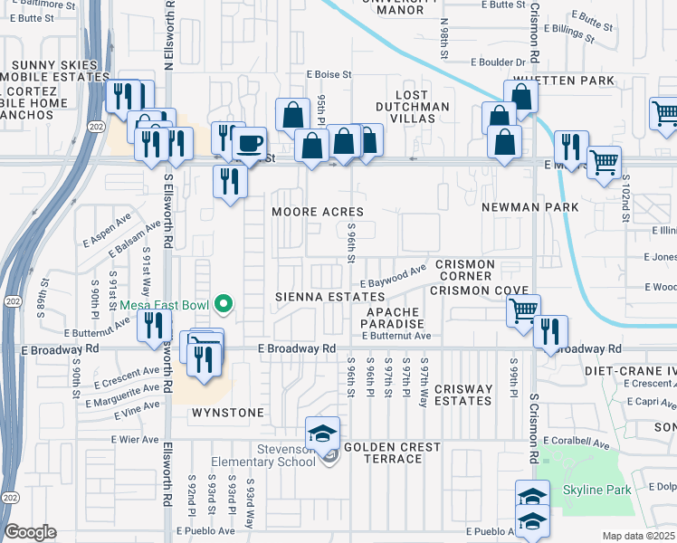 map of restaurants, bars, coffee shops, grocery stores, and more near 230 South Leandro in Mesa