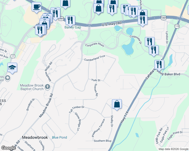 map of restaurants, bars, coffee shops, grocery stores, and more near 4916 Sussex Road in Birmingham