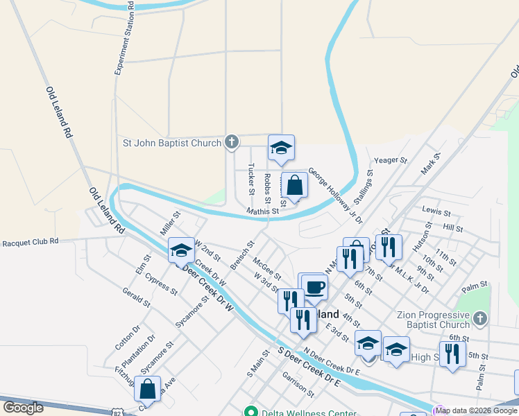 map of restaurants, bars, coffee shops, grocery stores, and more near 103 Tucker Street in Leland