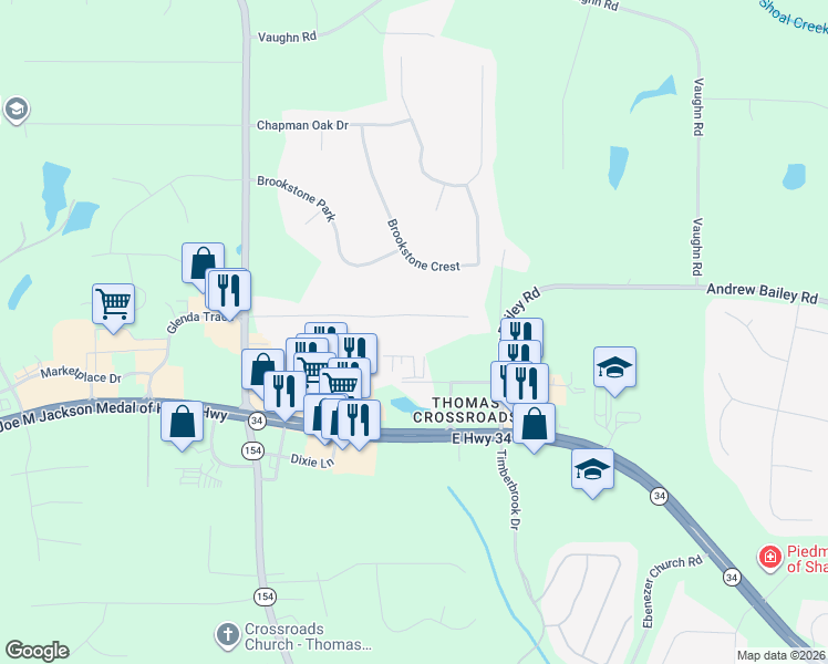 map of restaurants, bars, coffee shops, grocery stores, and more near 155 Firethorne Drive in Newnan