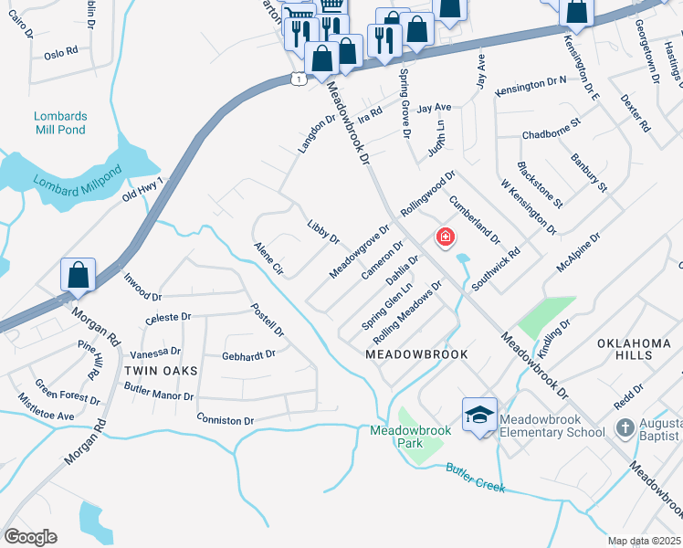 map of restaurants, bars, coffee shops, grocery stores, and more near 3626 Meadowgrove Drive in Augusta