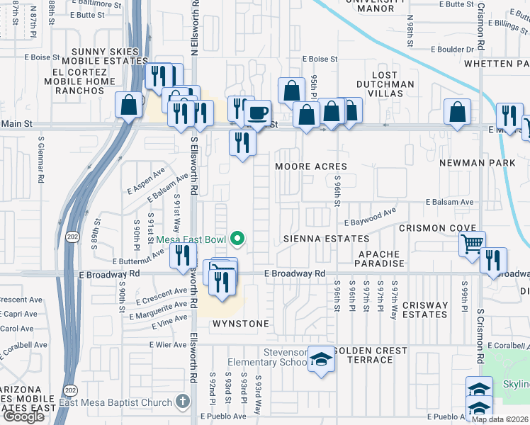 map of restaurants, bars, coffee shops, grocery stores, and more near 9302 East Broadway Road in Mesa