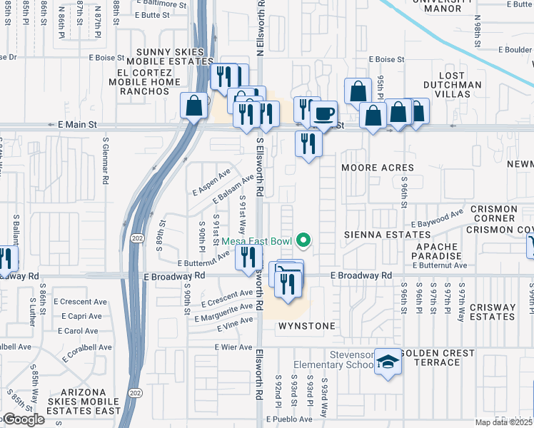 map of restaurants, bars, coffee shops, grocery stores, and more near 216 South Ellsworth Road in Mesa