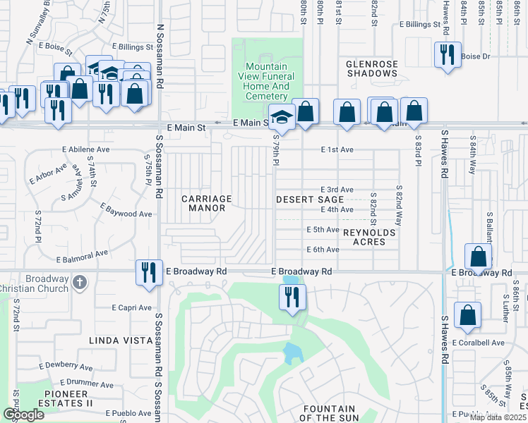 map of restaurants, bars, coffee shops, grocery stores, and more near 7750 East Broadway Road in Mesa