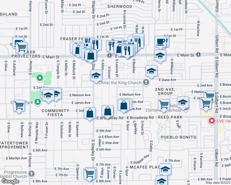 map of restaurants, bars, coffee shops, grocery stores, and more near 226 South Lazona Drive in Mesa