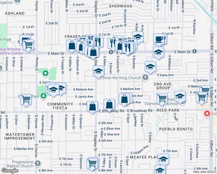 map of restaurants, bars, coffee shops, grocery stores, and more near 219 South Allen in Mesa
