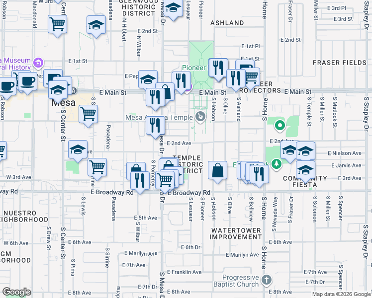 map of restaurants, bars, coffee shops, grocery stores, and more near 451 East 2nd Avenue in Mesa
