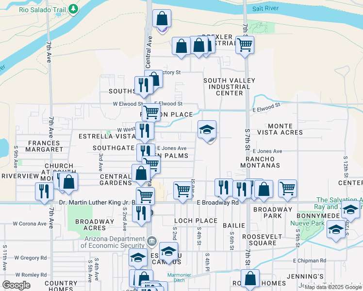 map of restaurants, bars, coffee shops, grocery stores, and more near 52 East Jones Avenue in Phoenix