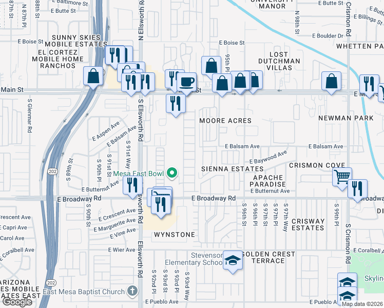map of restaurants, bars, coffee shops, grocery stores, and more near 9302 East Broadway Road in Mesa