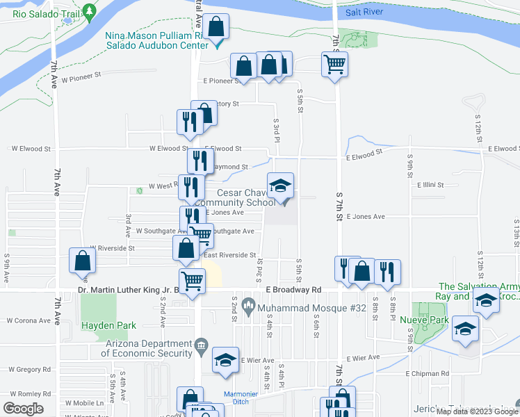 map of restaurants, bars, coffee shops, grocery stores, and more near 234 East Jones Avenue in Phoenix