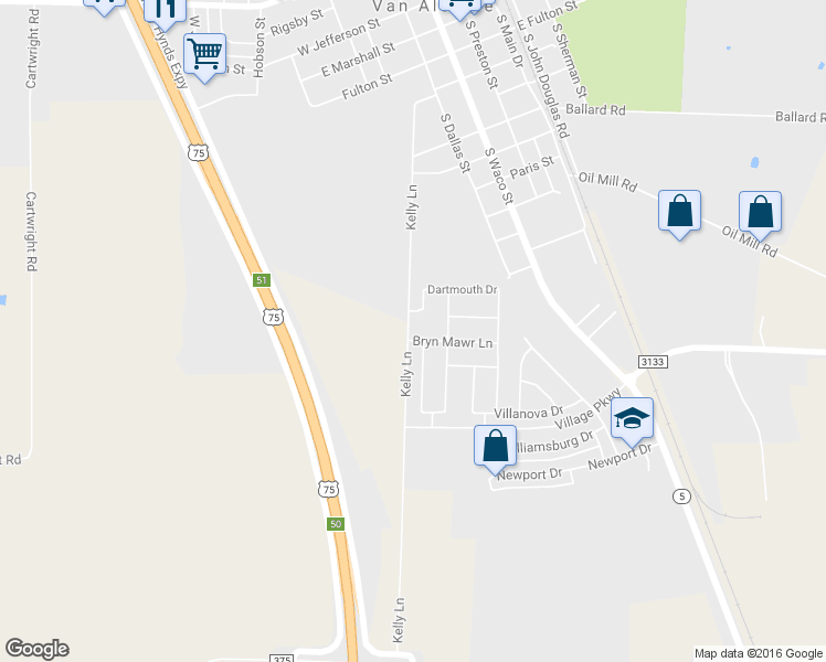 map of restaurants, bars, coffee shops, grocery stores, and more near 510 Bryn Mawr Ln in Van Alstyne