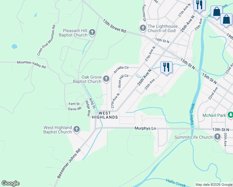 map of restaurants, bars, coffee shops, grocery stores, and more near 920 27th Avenue North in Hueytown