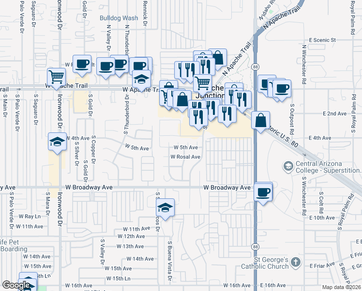 map of restaurants, bars, coffee shops, grocery stores, and more near 485 South Pino Circle in Apache Junction