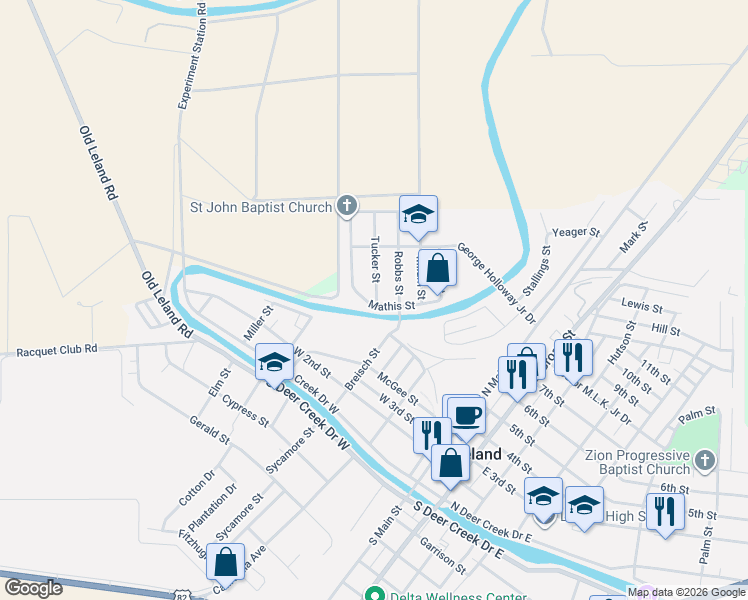 map of restaurants, bars, coffee shops, grocery stores, and more near 103 Tucker Street in Leland