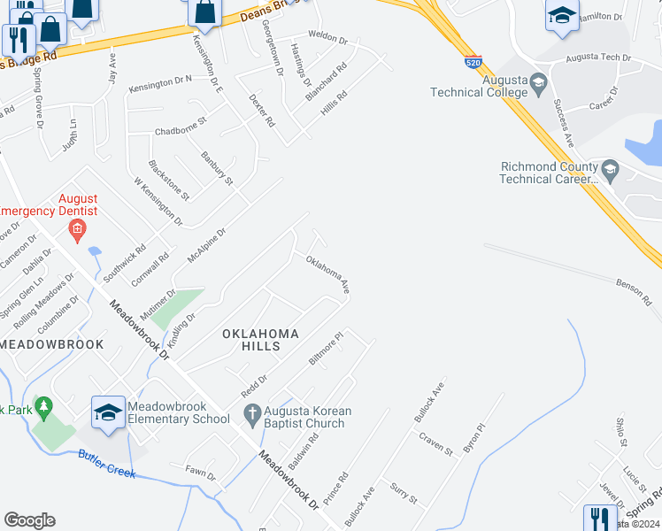 map of restaurants, bars, coffee shops, grocery stores, and more near 2905 Oklahoma Avenue in Augusta