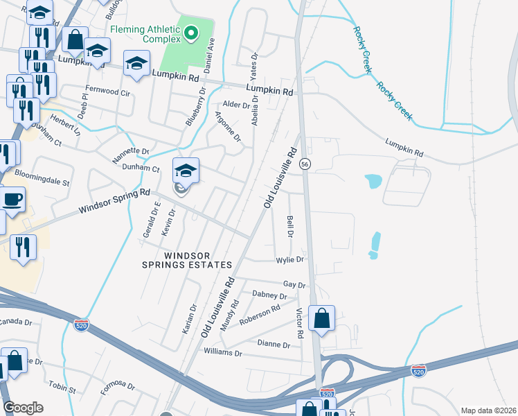 map of restaurants, bars, coffee shops, grocery stores, and more near 3103 Old Louisville Road in Augusta