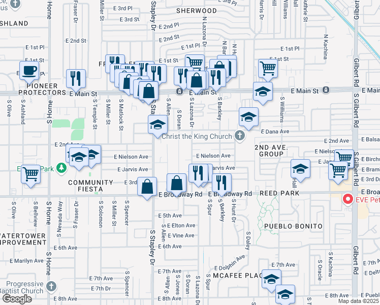 map of restaurants, bars, coffee shops, grocery stores, and more near 226 South Lazona Drive in Mesa