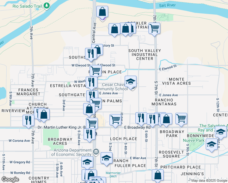 map of restaurants, bars, coffee shops, grocery stores, and more near 210 East Jones Avenue in Phoenix