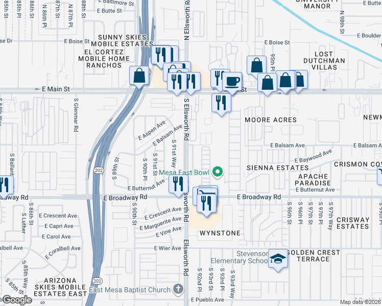 map of restaurants, bars, coffee shops, grocery stores, and more near 216 South Ellsworth Road in Mesa