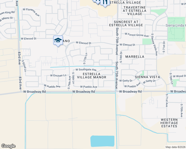 map of restaurants, bars, coffee shops, grocery stores, and more near 7704 West Encinas Lane in Phoenix