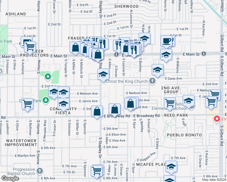 map of restaurants, bars, coffee shops, grocery stores, and more near 216 South Doran in Mesa