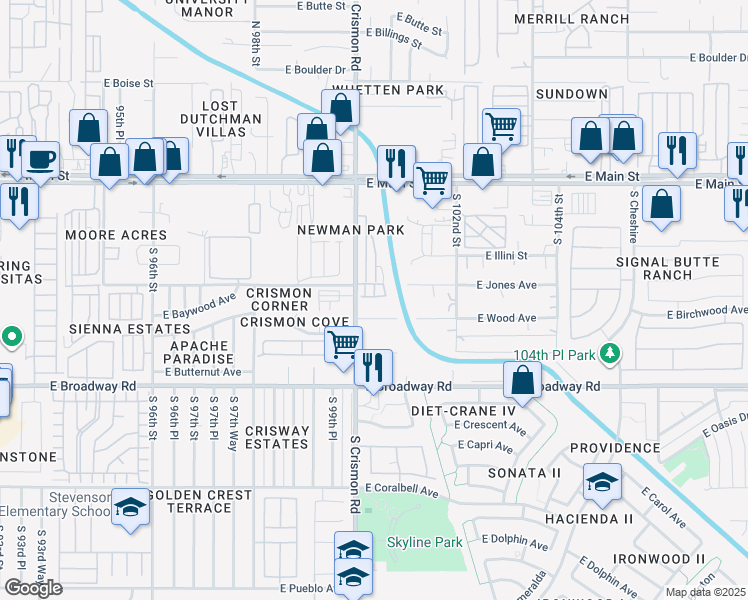 map of restaurants, bars, coffee shops, grocery stores, and more near 10010 East Jones Avenue in Mesa