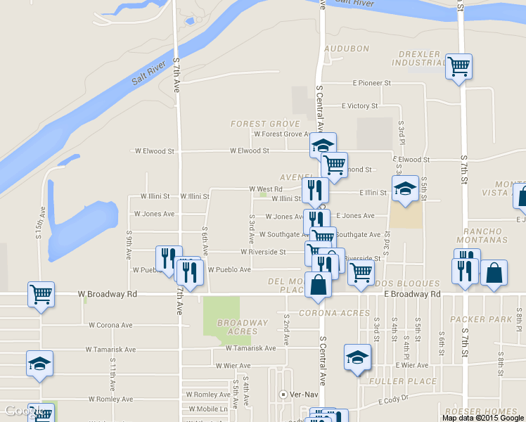 map of restaurants, bars, coffee shops, grocery stores, and more near 136 West Jones Avenue in Phoenix