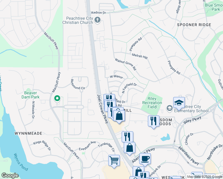 map of restaurants, bars, coffee shops, grocery stores, and more near 202 Birch Road in Peachtree City